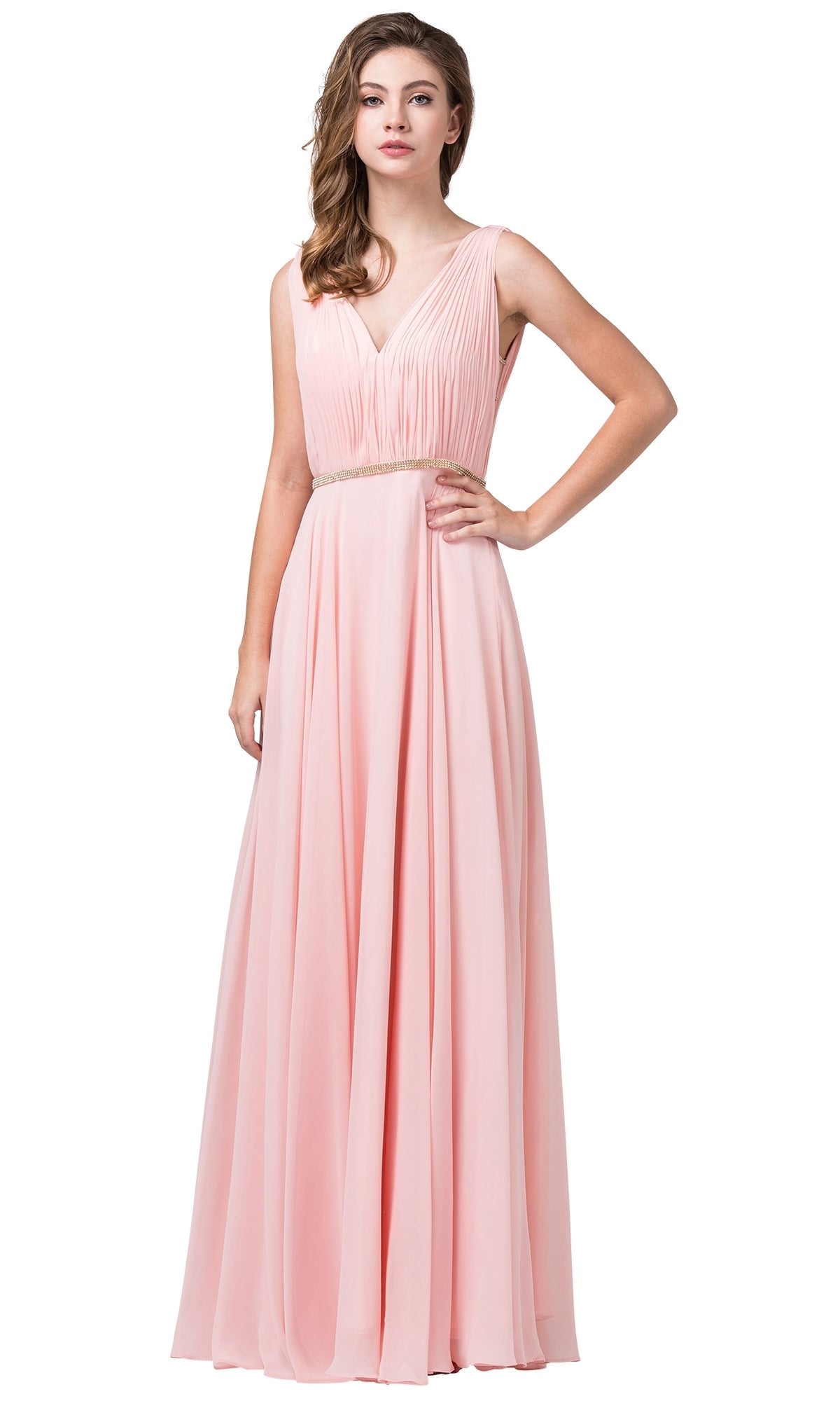 A woman wears the Illusion-Sides Long A-Line Prom Dress with pleats, featuring a sleeveless design, floor-length cut, and gathered waist in light pink.